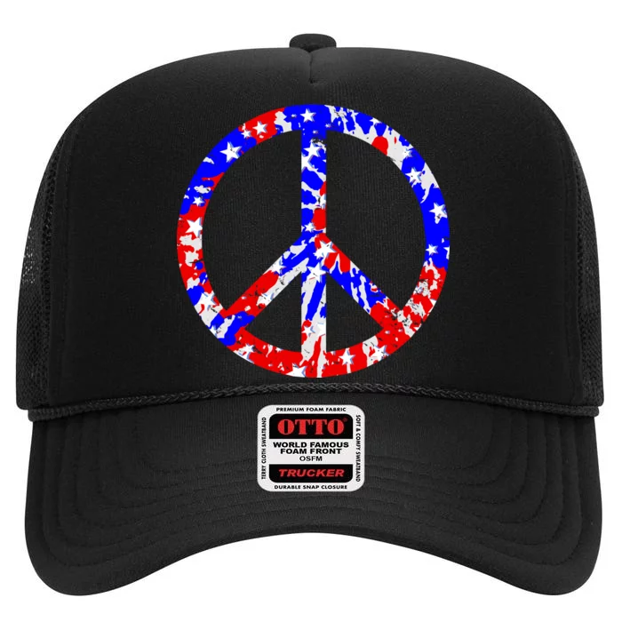 Red White Blue Dyed Peach Sign Stars High Crown Mesh Trucker Hat