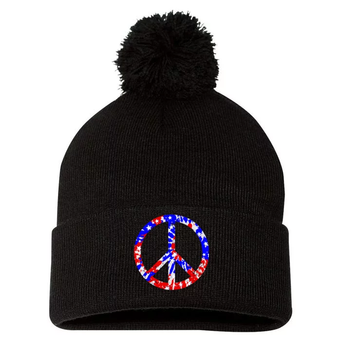 Red White Blue Dyed Peach Sign Stars Pom Pom 12in Knit Beanie