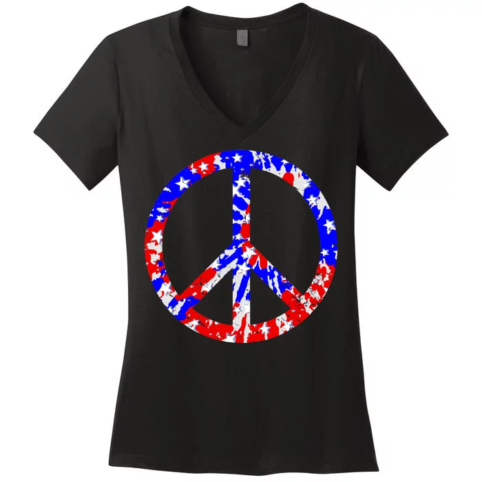 Red White Blue Dyed Peach Sign Stars Women's V-Neck T-Shirt