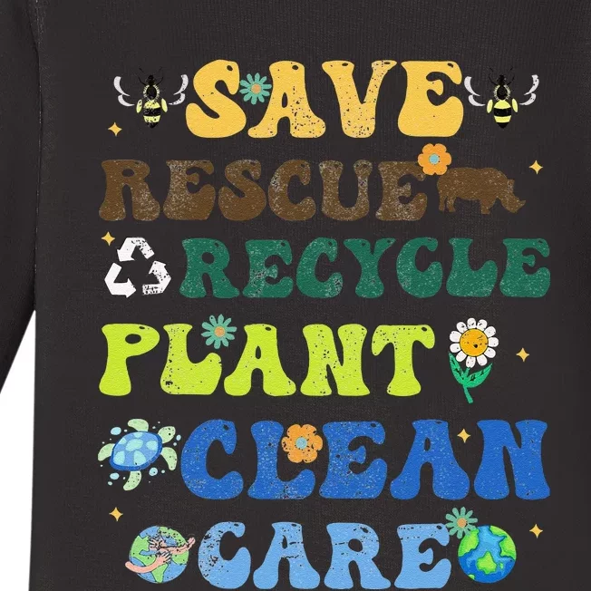 Retro Earth Day Save Bees Rescue Animals Recycle Plastics Baby Long Sleeve Bodysuit