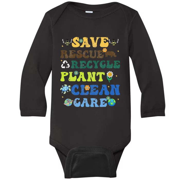 Retro Earth Day Save Bees Rescue Animals Recycle Plastics Baby Long Sleeve Bodysuit