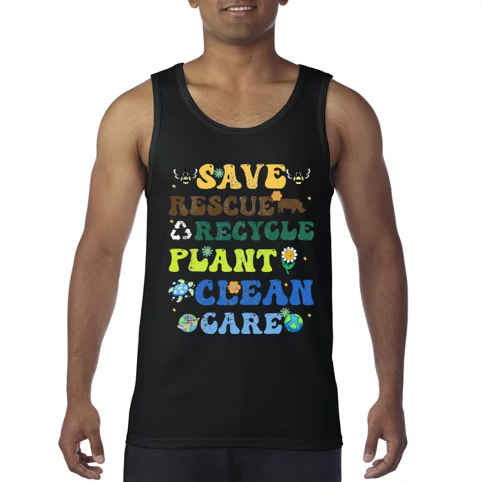 Retro Earth Day Save Bees Rescue Animals Recycle Plastics Tank Top