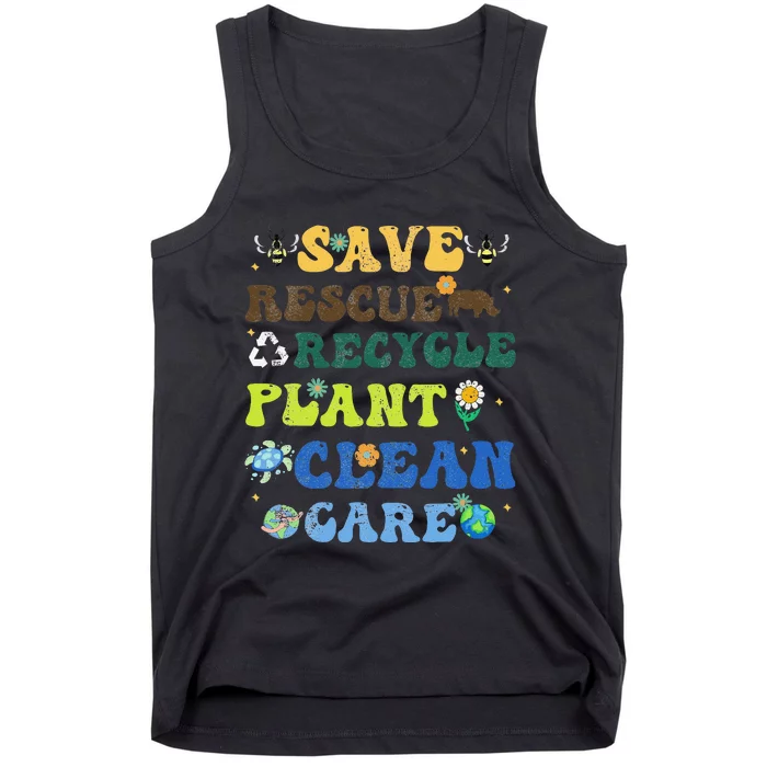 Retro Earth Day Save Bees Rescue Animals Recycle Plastics Tank Top