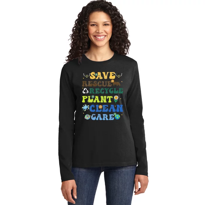 Retro Earth Day Save Bees Rescue Animals Recycle Plastics Ladies Long Sleeve Shirt