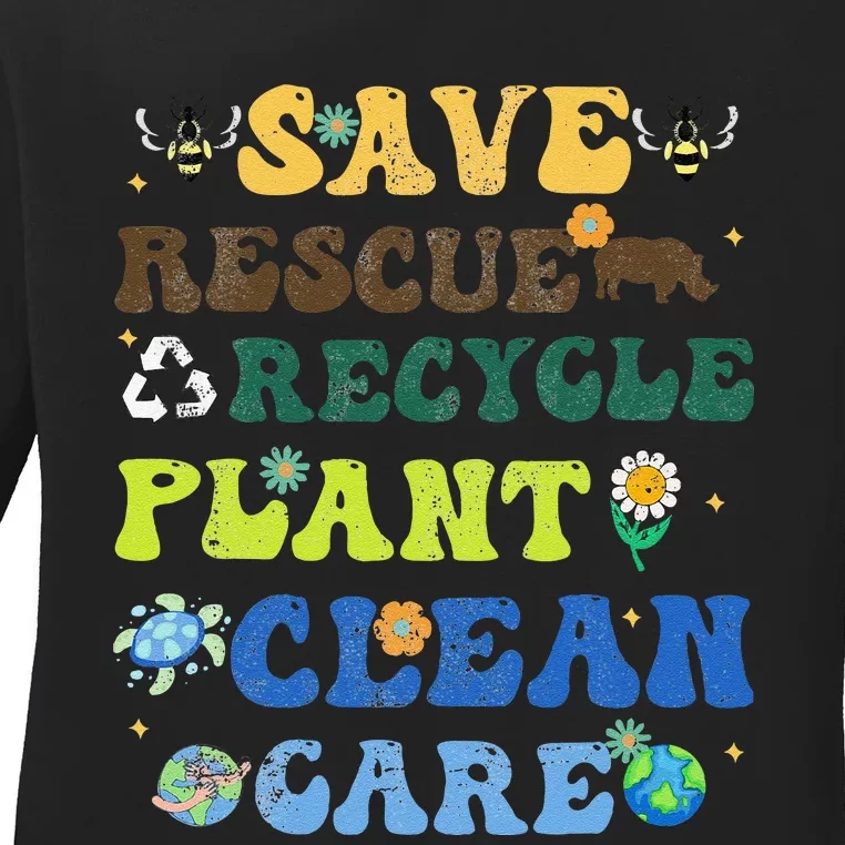 Retro Earth Day Save Bees Rescue Animals Recycle Plastics Ladies Long Sleeve Shirt