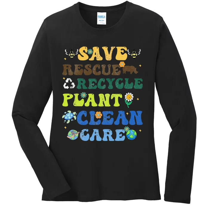 Retro Earth Day Save Bees Rescue Animals Recycle Plastics Ladies Long Sleeve Shirt