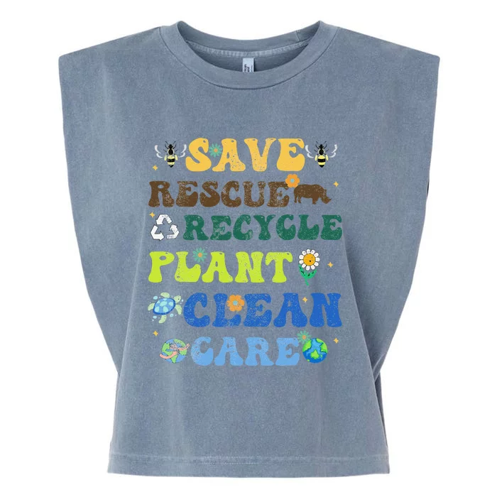 Retro Earth Day Save Bees Rescue Animals Recycle Plastics Garment-Dyed Women's Muscle Tee