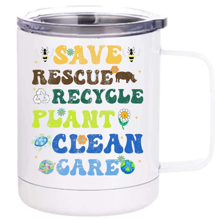 Retro Earth Day Save Bees Rescue Animals Recycle Plastics Front & Back 12oz Stainless Steel Tumbler Cup