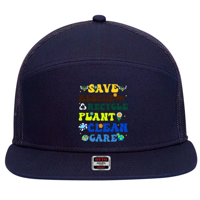 Retro Earth Day Save Bees Rescue Animals Recycle Plastics 7 Panel Mesh Trucker Snapback Hat