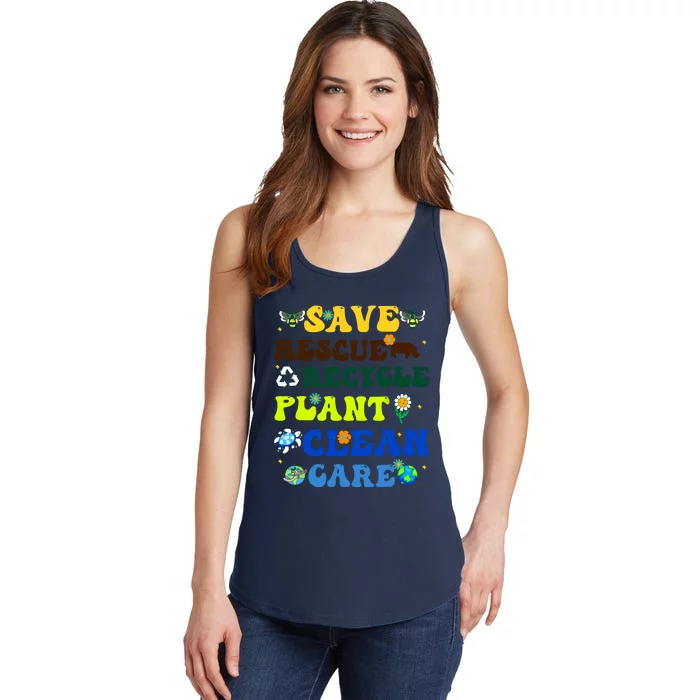 Retro Earth Day Save Bees Rescue Animals Recycle Plastics Ladies Essential Tank