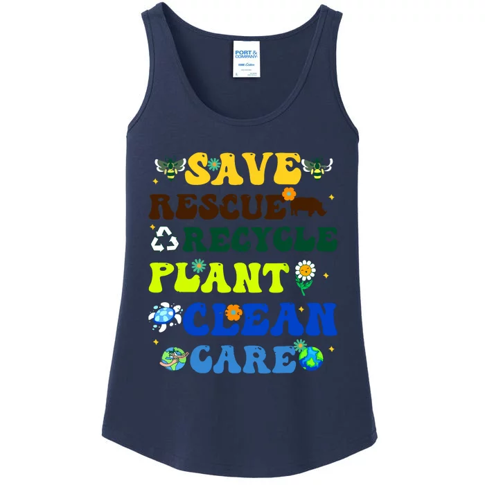 Retro Earth Day Save Bees Rescue Animals Recycle Plastics Ladies Essential Tank