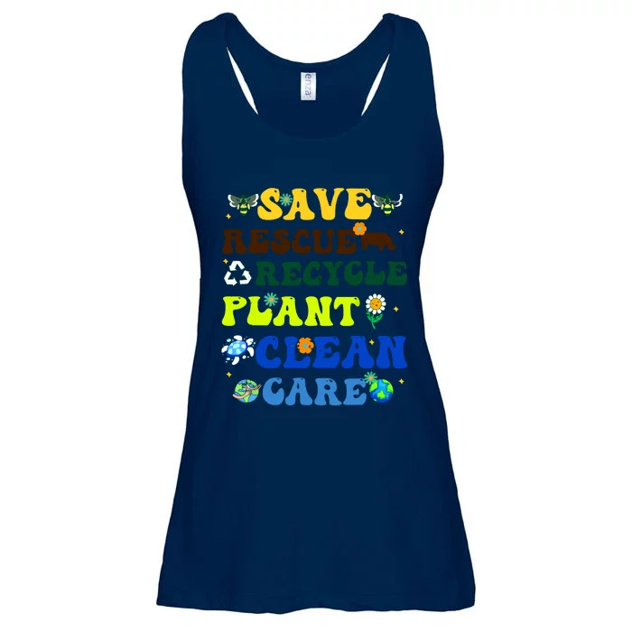 Retro Earth Day Save Bees Rescue Animals Recycle Plastics Ladies Essential Flowy Tank