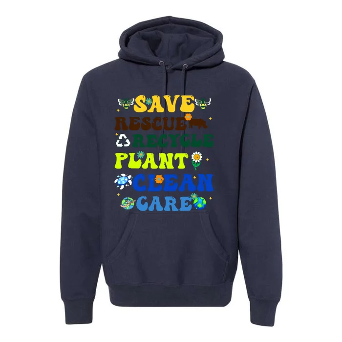 Retro Earth Day Save Bees Rescue Animals Recycle Plastics Premium Hoodie