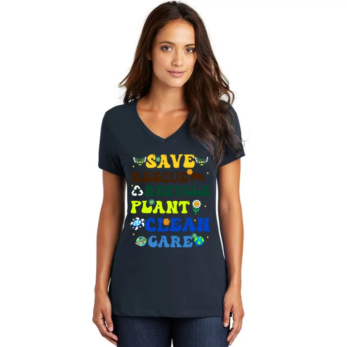 Retro Earth Day Save Bees Rescue Animals Recycle Plastics Women's V-Neck T-Shirt