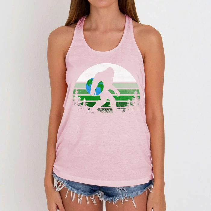 Retro Earth Day Bigfoot Sasquatch Holding Earth Planet Gift Women's Knotted Racerback Tank