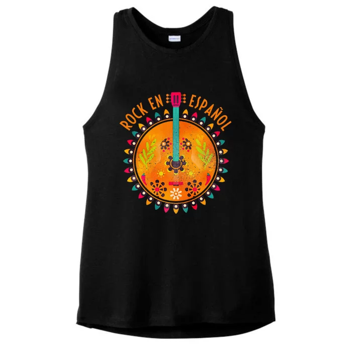 Rock En Espanol Guitar Spanish Language Rock Music Ladies Tri-Blend Wicking Tank