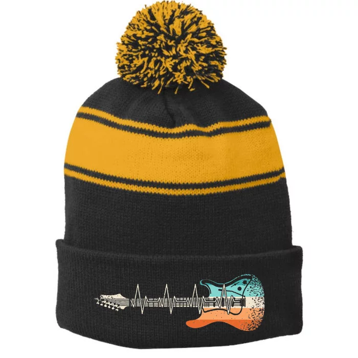 Retro Electric Guitar Heartbeat Rock Musician Guitarist Stripe Pom Pom Beanie