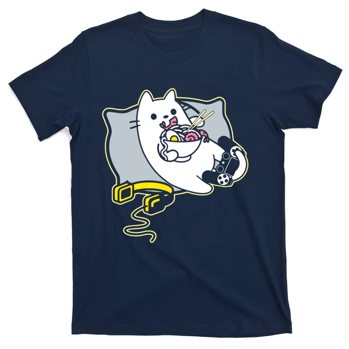 Ramen Eating Gamer Cat Game Paused T-Shirt