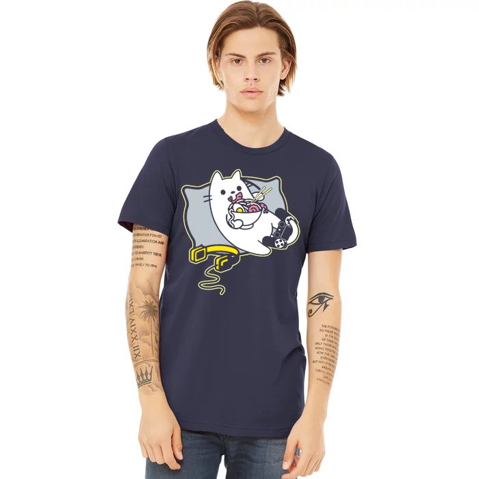 Ramen Eating Gamer Cat Game Paused Premium T-Shirt