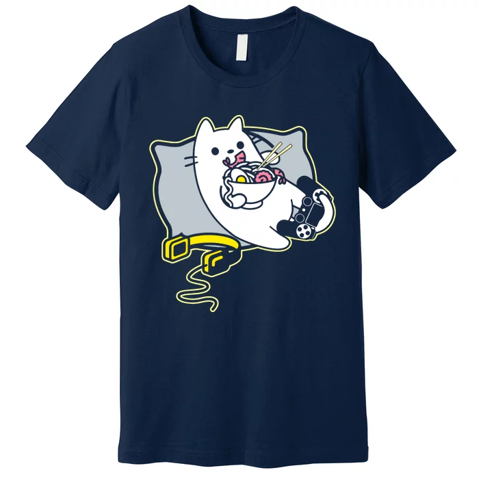 Ramen Eating Gamer Cat Game Paused Premium T-Shirt