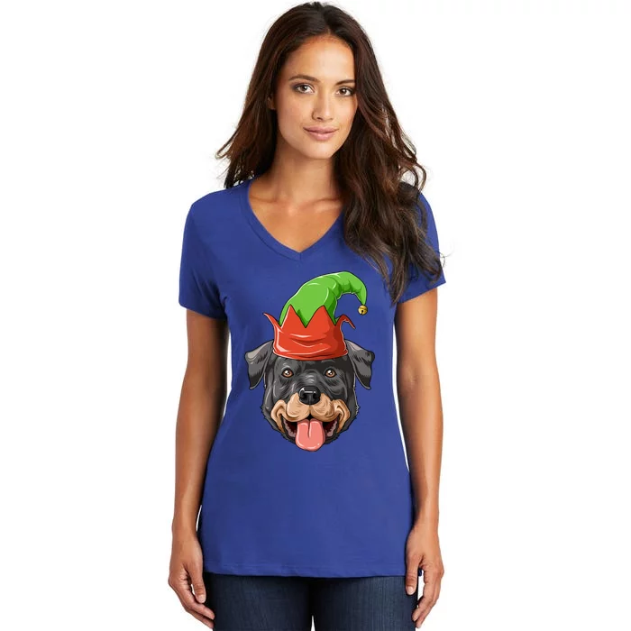 Rottweiler Elf Hat Christmas Rottweiler Gift Women's V-Neck T-Shirt