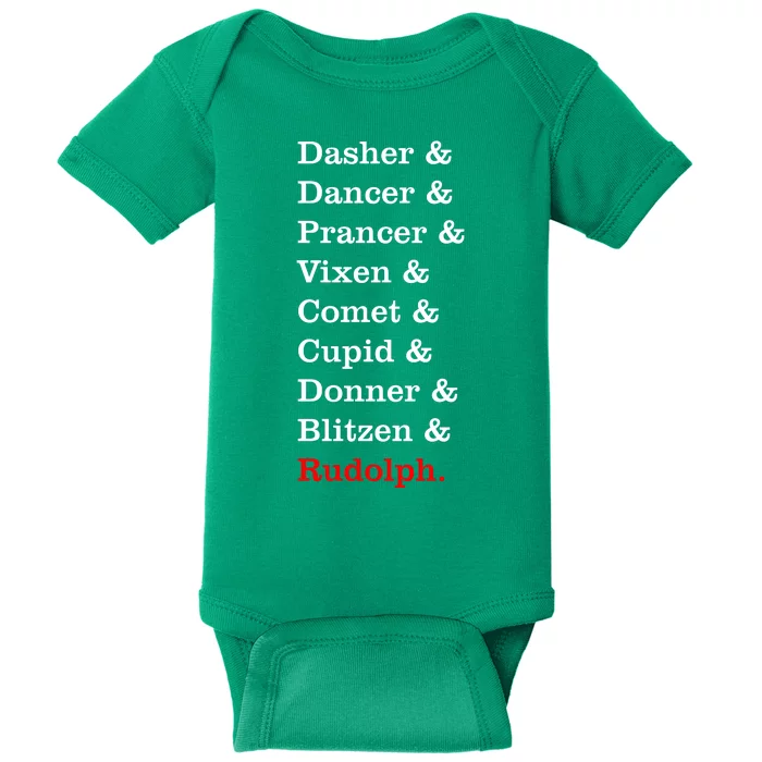 Reindeer Names Funny Christmas List Rudolph Baby Bodysuit