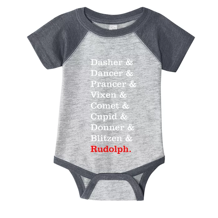 Reindeer Names Funny Christmas List Rudolph Infant Baby Jersey Bodysuit