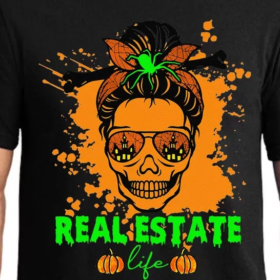 Real Estate Life Halloween Scary Realtor Messy Bun Skull Pajama Set