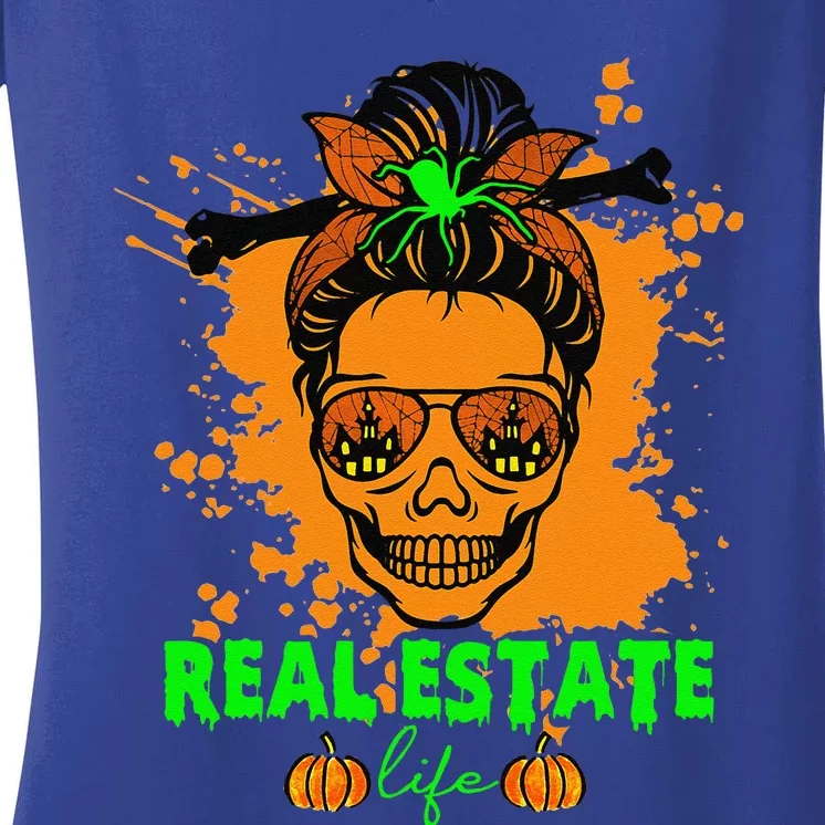 Real Estate Life Halloween Scary Realtor Messy Bun Skull Women's V-Neck T-Shirt