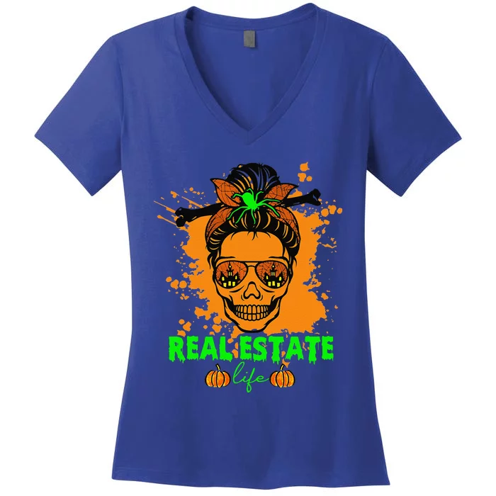 Real Estate Life Halloween Scary Realtor Messy Bun Skull Women's V-Neck T-Shirt