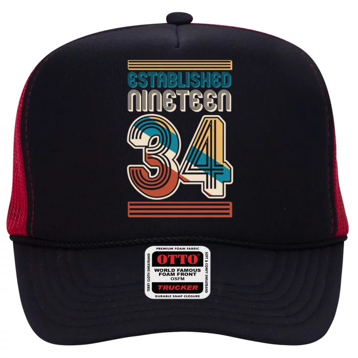 Retro Established Nineteen 34 1934 90th Birthday High Crown Mesh Trucker Hat