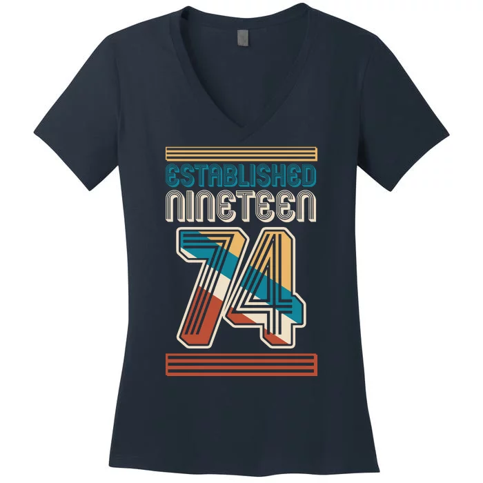 Retro Established Nineteen 74 1974 50th Birthday Women's V-Neck T-Shirt