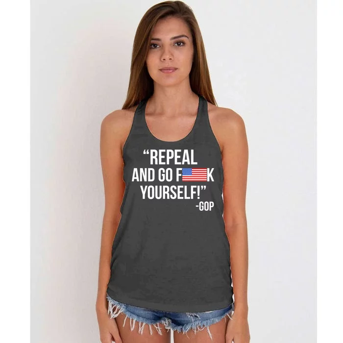 Repeal and Go F Yourself - GOP USA FLAG Women's Knotted Racerback Tank