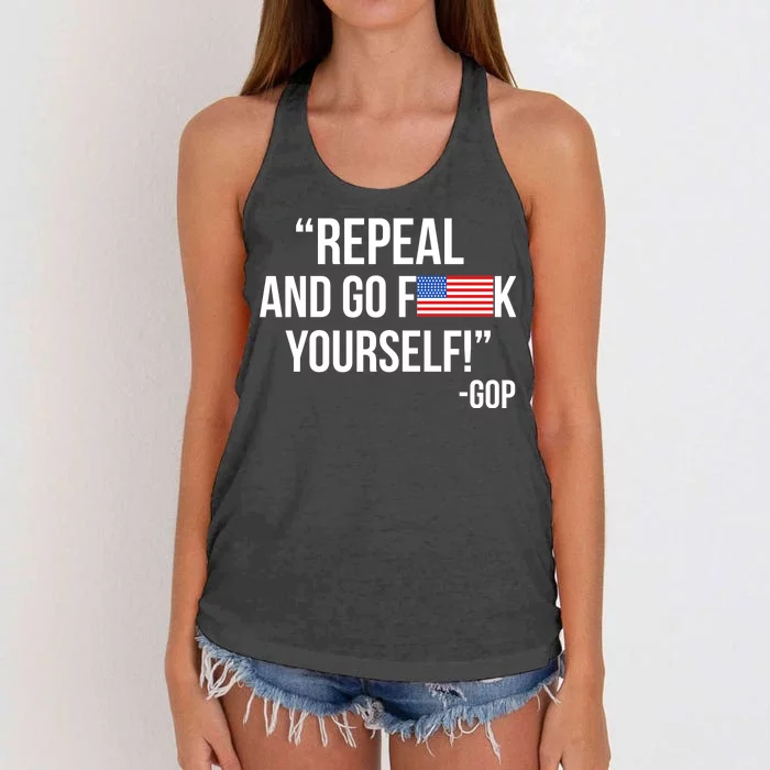 Repeal and Go F Yourself - GOP USA FLAG Women's Knotted Racerback Tank