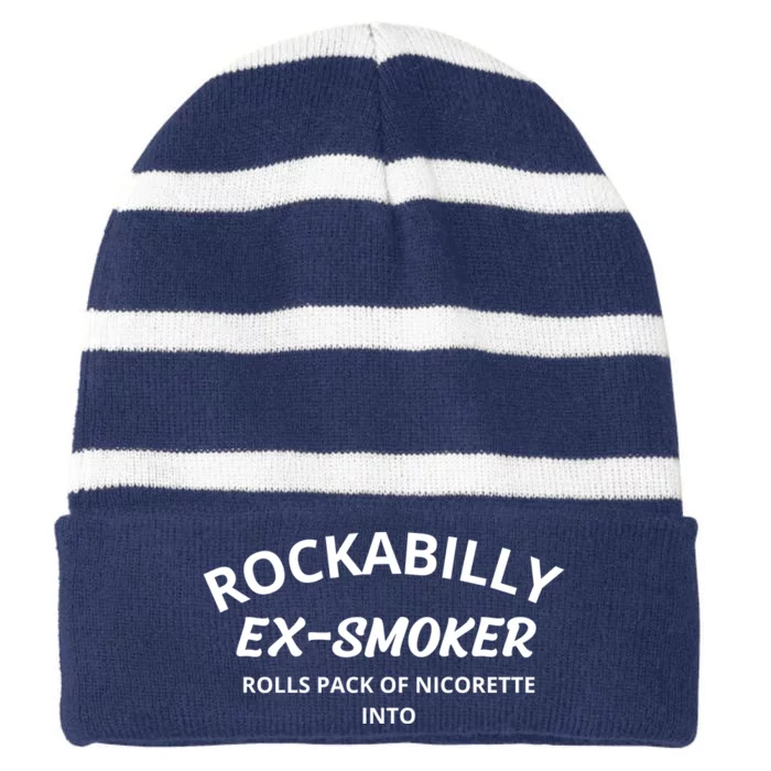 Rockabilly Exsmoker Rolls Pack Of Nicorette Into Striped Beanie with Solid Band