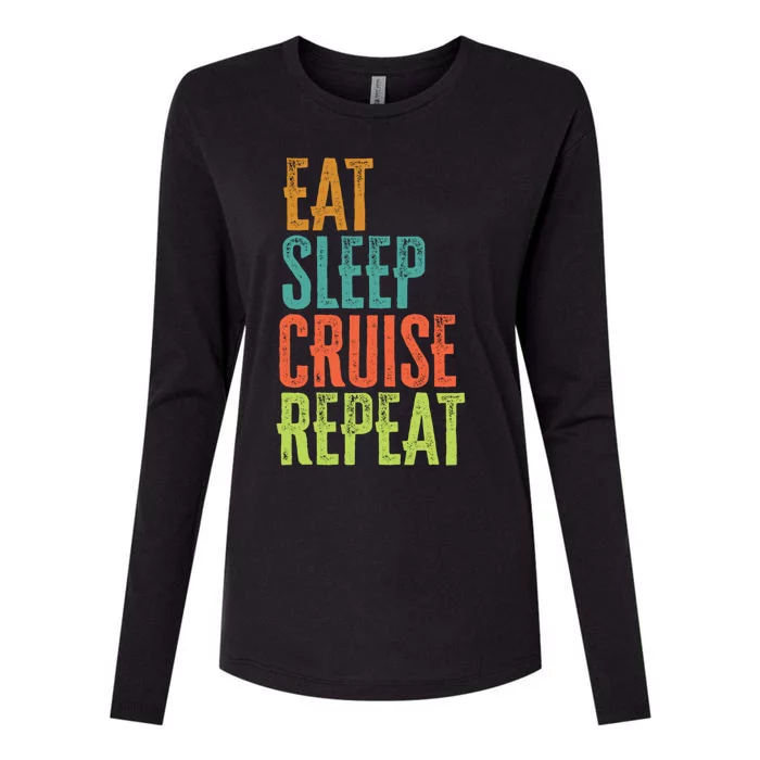 Retro Eat Sleep Cruise Repeat Sea Summer Vacation Ship Beach Gift Womens Cotton Relaxed Long Sleeve T-Shirt