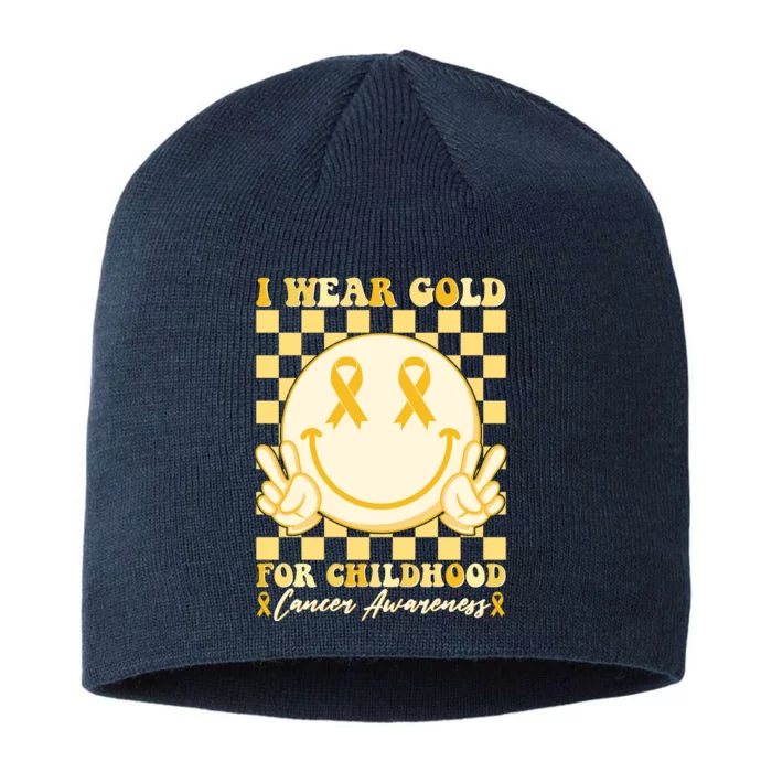 Retro Emoji Smiley I Wear Gold For Childhood Cancer Awareness 8 1/2in Sustainable Knit Beanie