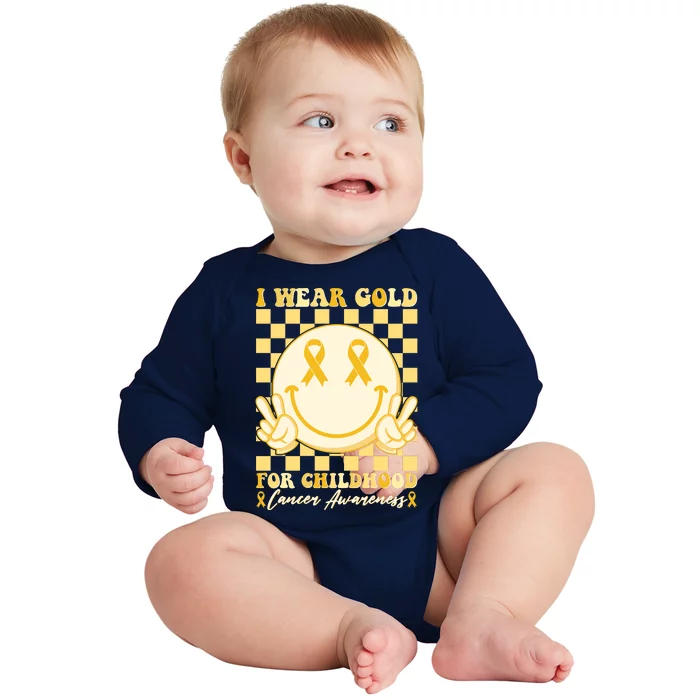 Retro Emoji Smiley I Wear Gold For Childhood Cancer Awareness Baby Long Sleeve Bodysuit