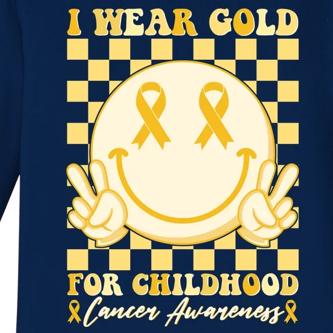 Retro Emoji Smiley I Wear Gold For Childhood Cancer Awareness Baby Long Sleeve Bodysuit