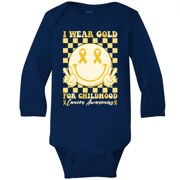 Retro Emoji Smiley I Wear Gold For Childhood Cancer Awareness Baby Long Sleeve Bodysuit