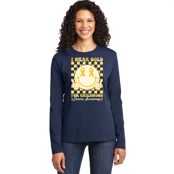 Retro Emoji Smiley I Wear Gold For Childhood Cancer Awareness Ladies Long Sleeve Shirt