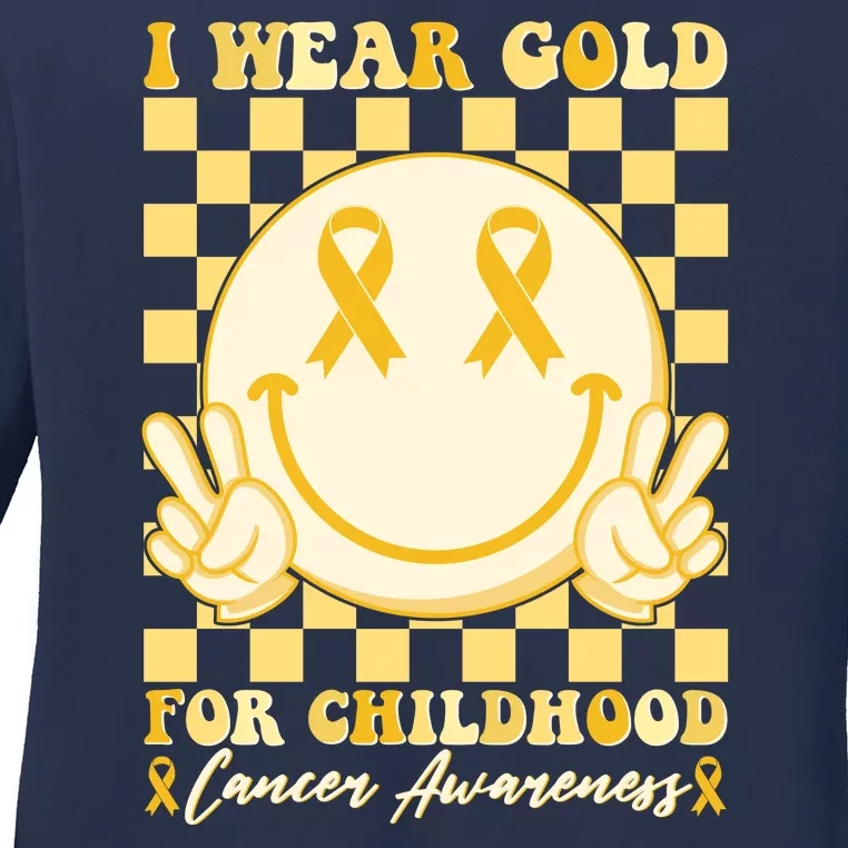 Retro Emoji Smiley I Wear Gold For Childhood Cancer Awareness Ladies Long Sleeve Shirt