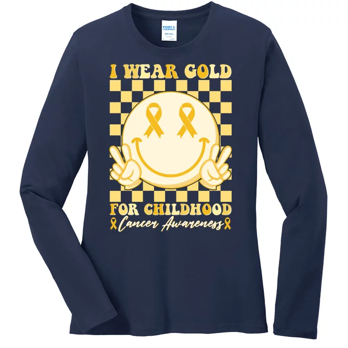 Retro Emoji Smiley I Wear Gold For Childhood Cancer Awareness Ladies Long Sleeve Shirt