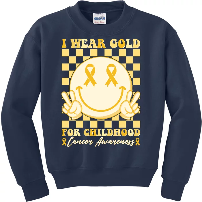 Retro Emoji Smiley I Wear Gold For Childhood Cancer Awareness Kids Sweatshirt