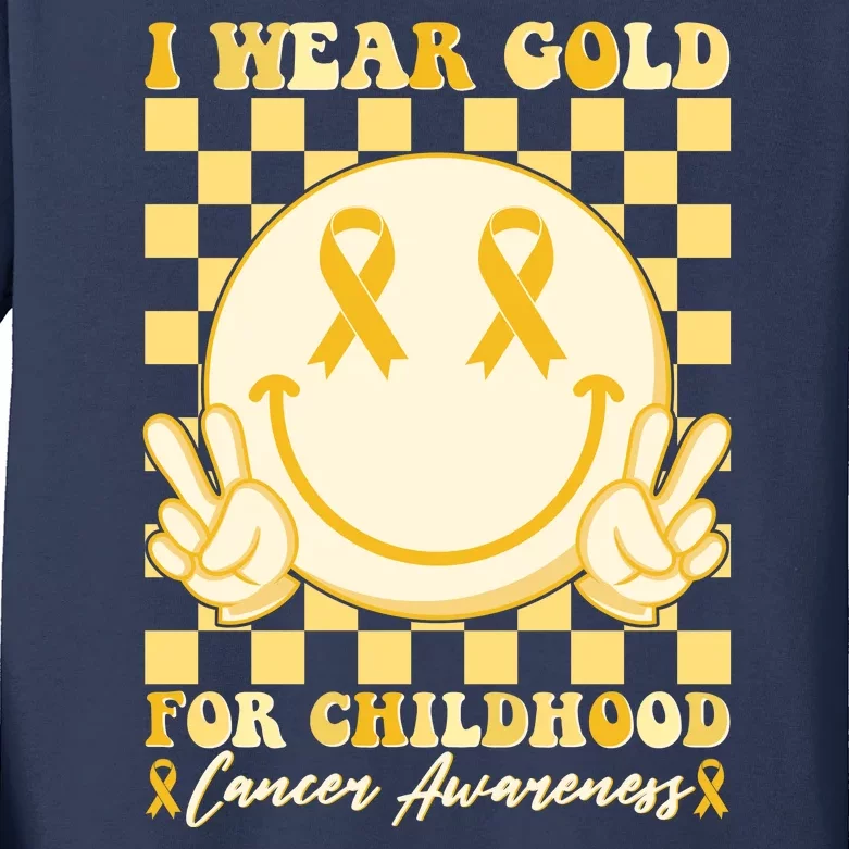 Retro Emoji Smiley I Wear Gold For Childhood Cancer Awareness Kids Long Sleeve Shirt