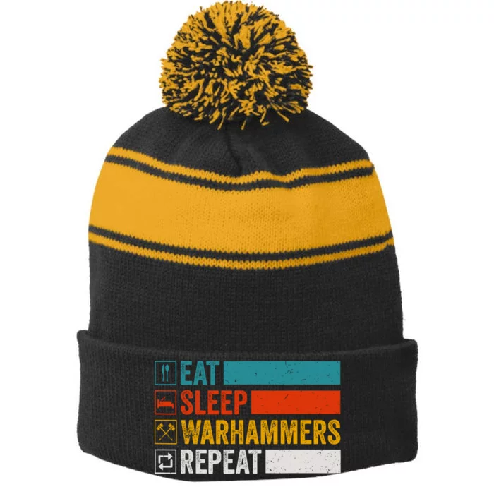 Retro Eat Sleep Warhammers Repeat Funny Gamer Video Gaming Stripe Pom Pom Beanie