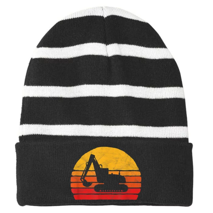 Retro Excavator & Sunset Vintage Construction Design Retro Striped Beanie with Solid Band