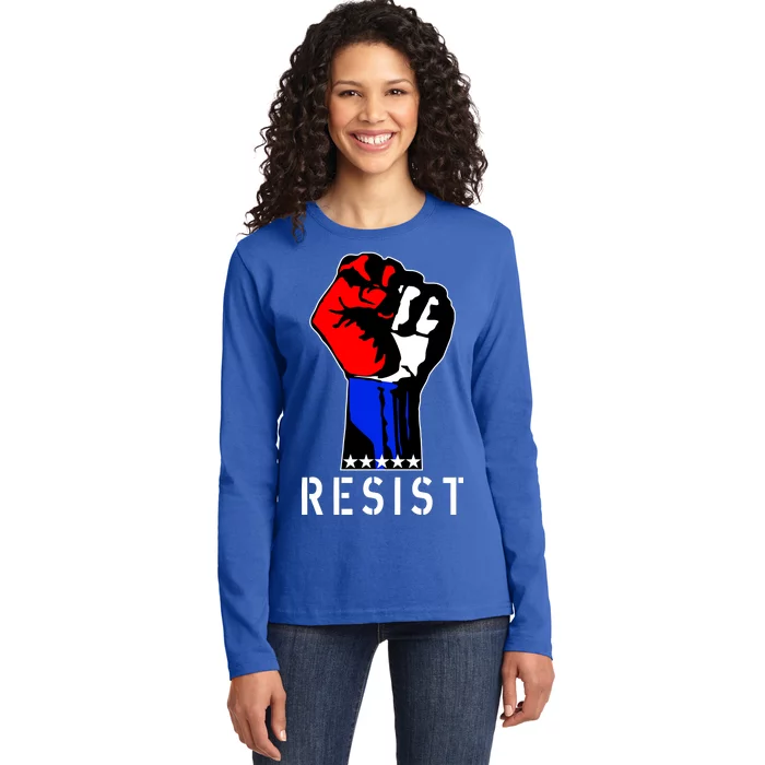 Resist Revolution Fight USA Stars Flag Fist Anti Trump Ladies Long Sleeve Shirt