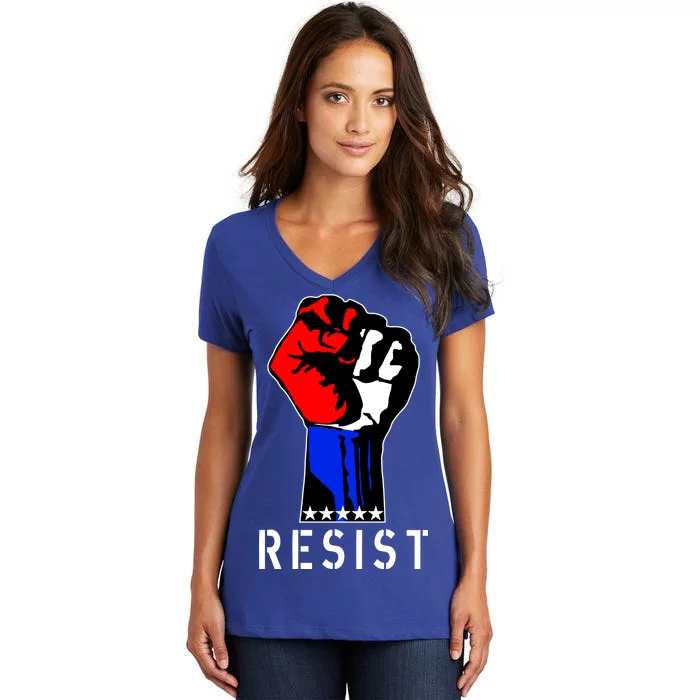 Resist Revolution Fight USA Stars Flag Fist Anti Trump Women's V-Neck T-Shirt