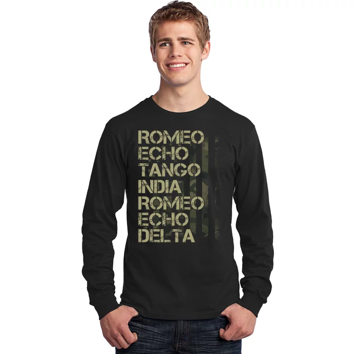 Romeo Echo Tango India Romeo Echo Delta American Flag Grunge Military Long Sleeve Shirt